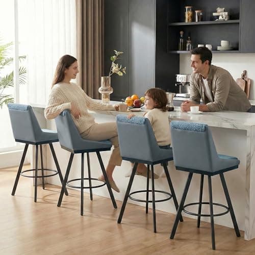 Ollega Bar Stools Set of 4, 26" Counter Height Bar Stools, Upholstered Swivel Barstools with Backs, Loop Yarn Fabric&Pu Leather, Metal Legs for Kitchen Island, Blue — image 1