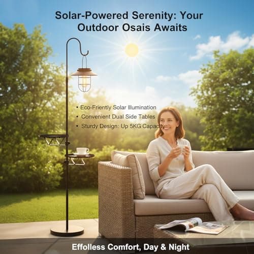 Kirschblüte Solar Floor Lamp with Table, 60" Outdoor Shepherd Hook with Solar Lantern, Waterproof Metal Side Table for Patio, Heavy Duty Solar Pole Light for Garden, Deck, Porch and Backyard Decor view 4