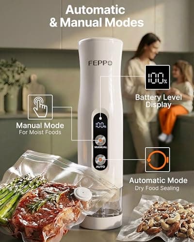 FEPPO Compact Vacuum Sealer for Food (Vacuum Sealer Machine + 3 Containers + 10 Reusable Bags), Anti-Overflow Powerful Portable Handheld Food Sealer, Auto & Manual Modes, Travel Lock, Easy-Clean view 2