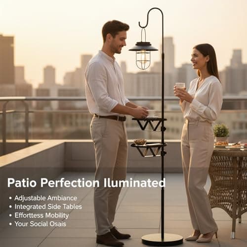 Kirschblüte Solar Floor Lamp with Table, 60" Outdoor Shepherd Hook with Solar Lantern, Waterproof Metal Side Table for Patio, Heavy Duty Solar Pole Light for Garden, Deck, Porch and Backyard Decor view 3