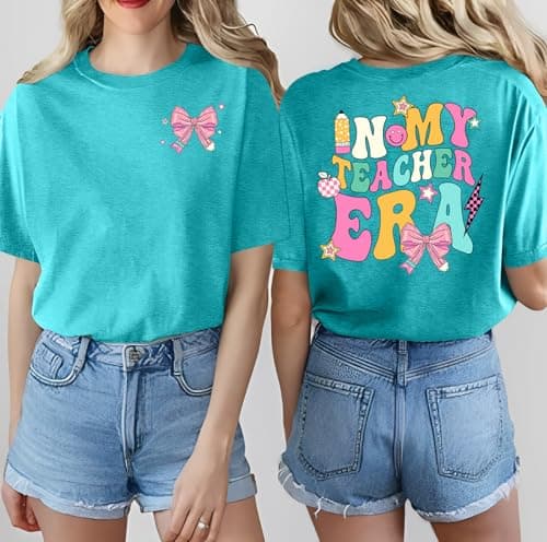 PICKID Teacher Shirts Women: in My Teacher Era T-Shirt Pencil Bow Graphic Tee Back to School Teaching Gift Casual Tops view 2