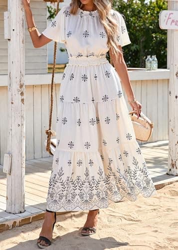 KIRUNDO Floral Maxi Dresses for Women 2026 Spring Summer Wedding Guest Short Sleeve Smocked Waist Flowy Beach Vacation Dress view 4