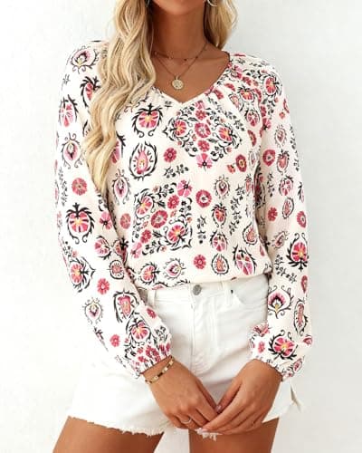 Zenlonr Women's Summer Tops Dressy Casual 2026 V Neck Satin Silk Printed Shirts Boho Long Sleeve Work Blouses view 4