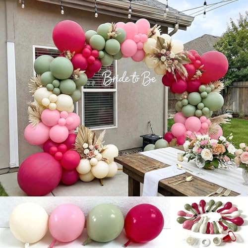 Hot Pink and Sage Green Balloon Garland Arch Kit, Double Stuffed Dusty Green Magenta & Ivory Balloon Decorations for Baby Shower, Garden Bridal Wedding, Tropical Birthday, Boho Tea Party view 3