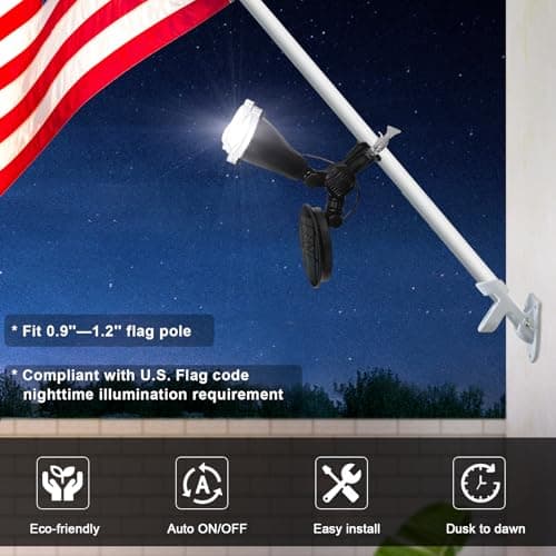 RAYSLIT Flag Pole Light Solar Powered 360° Adjustable Metal Clamps Fits 1-1.5" Dia Wall-Mounted Flagpole Brightest Outdoor Dusk to Dawn LED Spotlight 100% Coverage Flag Light Black view 4
