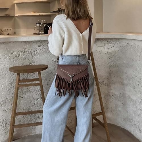 Goinsound Small Crossbody Bags for Women Boho Fringe Crossbody Purse With Studs Cowboy Chic Western Purses view 3