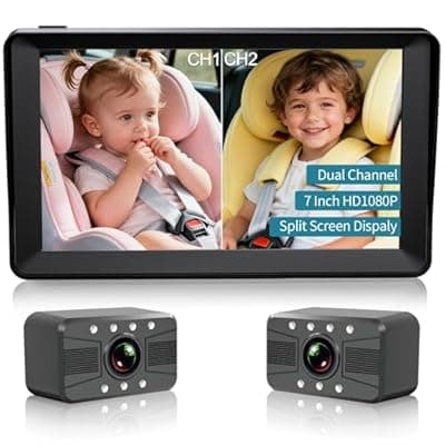 Dual Baby Car Camera, HUBOOK 7" 1080P Split Screen Baby Car Monitor with Night Vision, Rear Facing Car Seat Camera for 2 Kids Newborn Toddlers Travel Safety