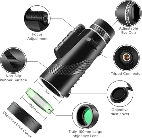 80x100 High‑Powered Monocular Telescope HD Portable Monocular for Adults with Phone Adapter Ideal for Bird Watching Wildlife Travel Camping Hiking‑Black view 4