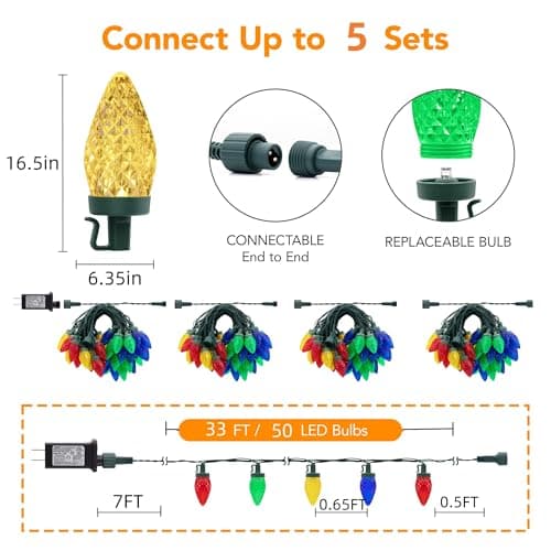 Ucutely C9 LED Christmas Lights Outdoor,33 Feet 50 LED 8 Lighting Modes Waterproof Connectable Christmas String Lights for Outside Roofline Patio Home Xmas Decorations (Multicolored) view 4