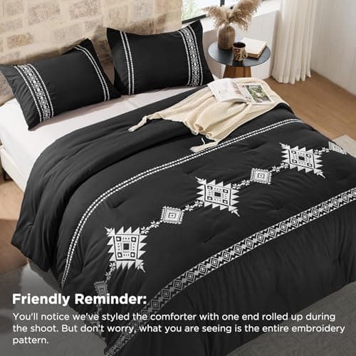 Embroidered Comforter Set Queen, 3-Piece Boho Bedding, Black view 2