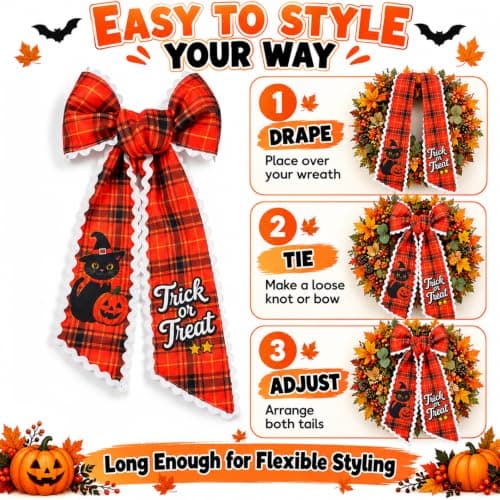 Wreath Sash for Front Door, 5" x 55" Halloween Bow Sash Plaid Ribbon view 3