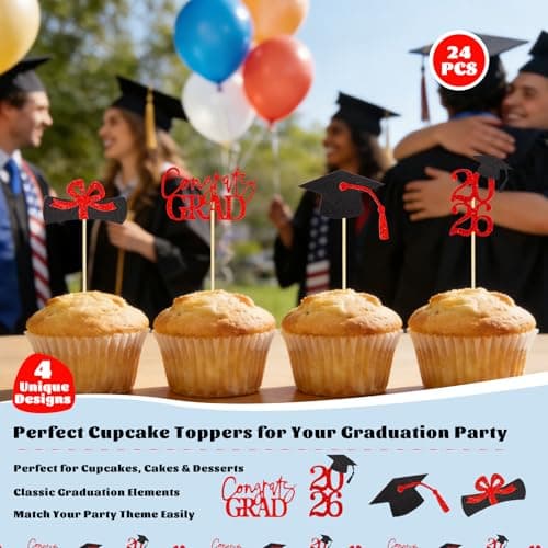 Oeyliz Graduation Cupcake Toppers 2026 Graduation Theme Cupcake Toppers Glitter 2026 Grad Cap Congrats Grad Diploma Cupcakes Toppers 24 PCS For 2026 Graduation Cake Decorations Supplies Red view 3
