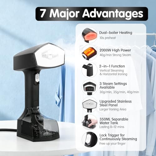 2000W Powerful Handheld Steamer for Clothes, 10-Second Heat-Up, 40g/min Steaming, 350ml Tank, 3 Adjustable Settings & Leak-Proof Design, Portable Garment Steamer for Travel and Home Use view 2