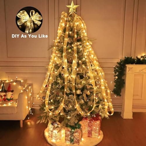 YUNGSUN Gold Christmas Tree Decorations Ribbon Lights, 64ft 200 LED String Lights, Battery-Powered Copper Wire Ribbon Lights for Holiday Party Weddings Indoor Christmas Tree Decorations view 6