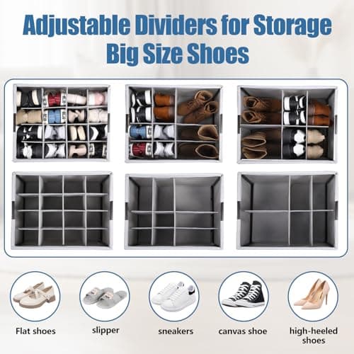 HOUSE AGAIN Shoe Organizer for Closet, Foldable Shoe Storage Organizer Box with Wheels and Adjustable Dividers, Sturdy Metal Frame Fits up to 16-32 Pairs, Large Shoes Storage with Clear Cover view 7