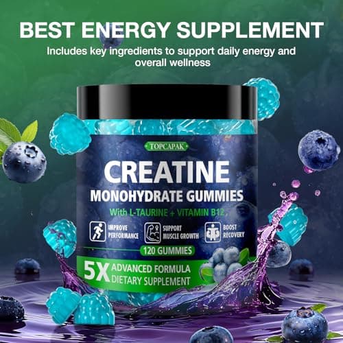 TOPCAPAK Creatine Gummies for Men & Women - Chewable Creatine Monohydrate Gummies with Taurine & Vitamin B12, 5g Creatine per Serving, Blueberry Flavor, Raspberry-Shaped - 120 Count view 6