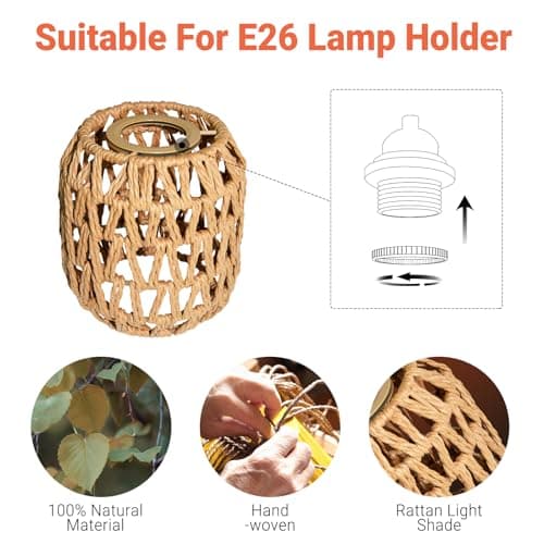 3 PACK Rattan Lamp Shades(4.7"×5.2"), Small Boho Pendant Light Shade, Handwoven Wicker hanging Lampshades For Chandeliers, Wall Sconces, Floor & Table Lamps view 4