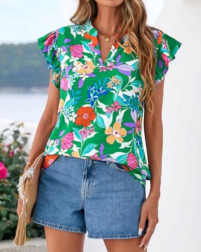 Zenlonr Womens Dressy Casual Tops 2026 Summer Ruffle Cap Sleeve V Neck Shirts Boho Floral Blouses Vacation Outfits view 2