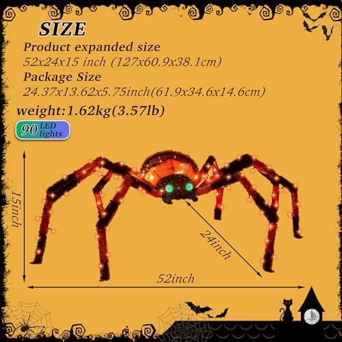 4.2Ft Giant Spider Halloween Decorations Outdoor 52" Light Up Spider with 90 LED Lights for Front Yard, Porch, Garden, Lawn, Halloween Party (Orange) view 6