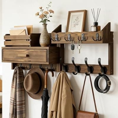 Dellicasi 29" Coat Rack Wall Mount with Shelf & Drawer, Heavy Duty Wood Entryway Organizer, Wall Coat Hanger with 12 Metal Hooks, Wall Mounted Coat Rack Key & Mail Holder for Living Room, Bedroom