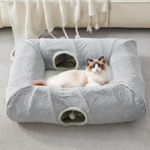 Cat Tunnel Bed for Indoor Cats, Large Cat Tube & Dog Tunnel Bed with Washable Cushion, Square Luxury Velvet Peekaboo Cat Cave & Cat Donut for Kitten/Puppies/Rabbits, Grey XL 39"x30"x11" — image 1