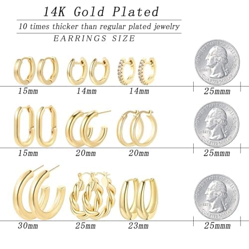 9 Pairs 14K Gold Plated Hoop Earrings for Women | Hypoallergenic Chunky Huggie Gold Earrings Set | Lightweight Small Thick Open Hoops Earrings Jewelry Pack view 3