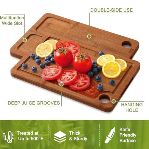 Homaxy Bamboo Cutting Board for Kitchen Set of 3, Wooden Cutting Boards with Non-Slip Mat Deep Juice Groove and Built-In Handles, Wood Chopping Board Set for Meat Fruits & Vegetables view 6