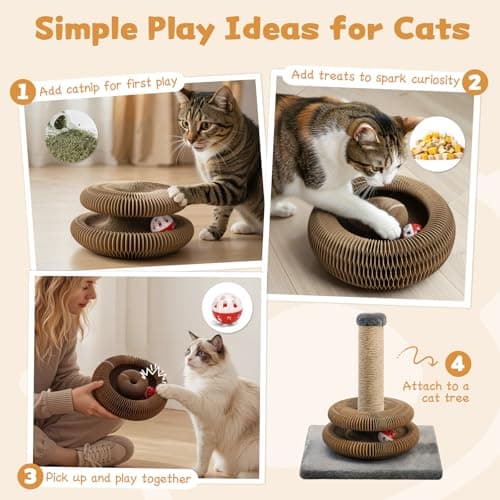 PETSWEET Magic Organ Cat Scratcher Cardboard, Interactive Scratch Cat Toy with Bell Ball, Foldable Scratching Board, Corrugated Cardboard Scratch Pad for Indoor Cats, Round(1PCS) view 4