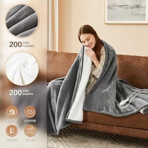 Homemate Heated Blanket Electric Throw - 50"x60" Heating Blanket Throw 1/2/4/6/8 Hours Auto-Off 10 Heat Level Over-Heat Protection Flannel Sherpa ETL Certification view 2