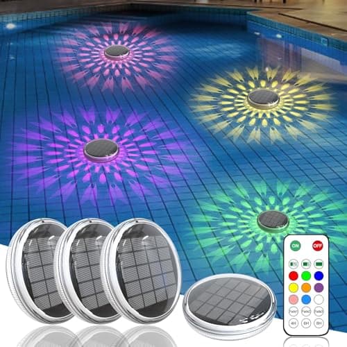 Solar Powered Floating Pool Lights(4 Pack), Pool Lights That Float with Remote Control, 12 Lighting, Timing Mode, IP67 Waterproof for Inground/Above Ground Pool, Pool Party, Bathroom, Bathtub, Garden view 1