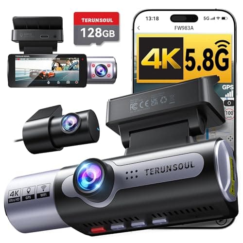 TERUNSOUl 4K Dash Cam Front and Rear, Full HD 3 Channel Dashcam, Free 128GB MicroSD Card, Built-in 5.8GHz WiFi Built-in GPS, Collision Sensor, Night Vision, HDR, 3.16" IPS, 24H Parking Mode（Black）