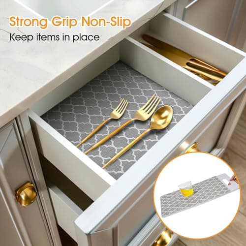 Shinlendid Shelf and Drawer Liner for Kitchen Cabinets Non-Adhesive, Strong Grip Non-Slip Thickened Cabinet Liners for Shelves, Waterproof Mats for Dresser Cupboard, Gray, 12 in x 10 Feet view 2