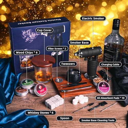 Whiskey Smoker Electric Set Bourbon Christmas Gifts for Men Old Fashioned Smoker Drink With 6 Wood Chips and 6 Whiskey Stones Food and Cocktail Smoked Kitchen Bar Tools Cool White Elephant Gifts Black view 3