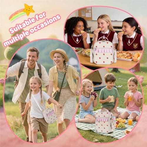 Easozoom Insulated Lunch Bag for Teen Girl Kid Women with adjustable shoulder strap, Large Lunch Box, Reusable Portable Waterproof Leakproof Lunchbox for School Travel Office Picnic (Strawberry) view 6