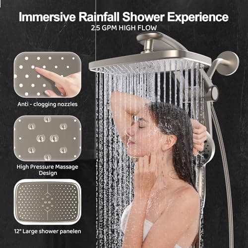 12" High Pressure Rain Shower Head with Handheld Spray Combo Faucet Upgrade view 6