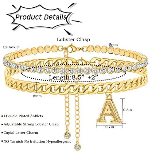 ZNBOH Ankle Bracelets for Women 14K Gold Plated Initial Anklet CZ Chain Ankle Tennis Cuban Link Anklet Adjustable Danity Chain Letter Anklet Summer Jewelry Gifts view 5