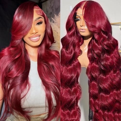 Alimoonbeam 28 Inch 99J Burgundy T Part Lace Front Wigs Human Hair Red Burgundy Wig Human Hair HD Body Wave Lace Front Wigs 181 Density Pre Plucked Lace Frontal Wigs for Women — image 1