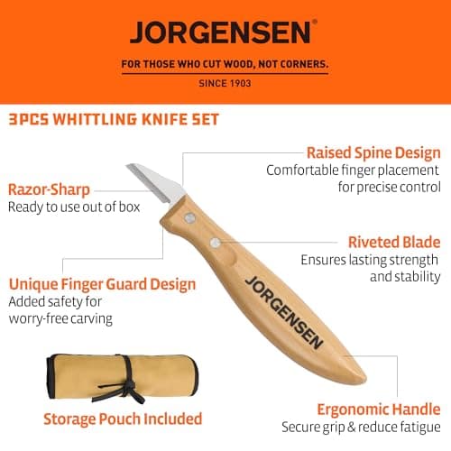 Jorgensen 3-Piece Wood Carving Tools, Stainless Steel Whittling Knife Set with Canvas Pouch, Protective Blade Cover, Ergonomic Curved Handle - Professional Wood Carving Kit for Beginners view 2