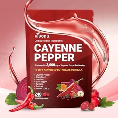 VivoNu Cayenne Pepper Softgels Supplement, Supports Leg Vein, Heart and Blood Vessel Health, with Vitamin E D3+K2 and Extracts of Grape Seed, Hawthorn, Beetroot, Berberine (Softgel / 1 Bag)