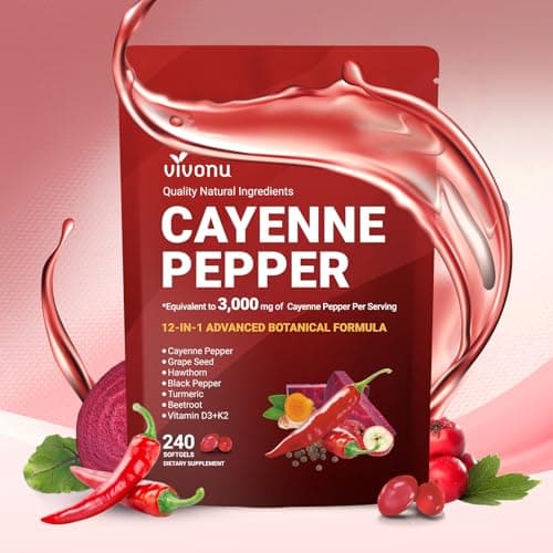 VivoNu Cayenne Pepper Softgels Supplement, Supports Leg Vein, Heart and Blood Vessel Health, with Vitamin E D3+K2 and Extracts of Grape Seed, Hawthorn, Beetroot, Berberine (Softgel / 1 Bag) — image 1