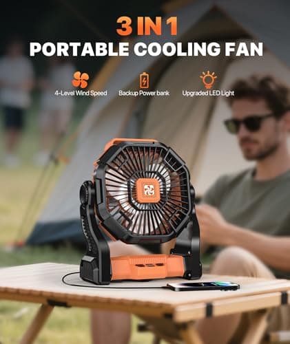 Doviluxe Camping Fan Battery Powered -20000mAh Portable Rechargeable Fans Light, Battery Operated Fan for Camping Hook 4 Speed Quiet Cordless USB Personal Cooling for Desk Home Beach Tent BBQ view 4