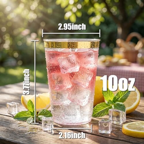 I00000 200 Pack Gold Plastic Cups, 10 OZ Clear Plastic Cups | Gold Rimmed Plastic Cups, Wine Glasses, Fancy Party Cups, Drinking Cocktail Glasses, Perfect for Party, Wedding, Reception view 2