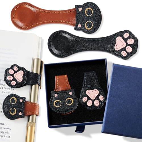 2Pcs Magnetic Leather Bookmarks with Gift Box Magnetic Pen Holder Book Marks Clip Gift for Book Lover Readers Men Women Teachers Students, Cat+Paw (Brown+Black) — image 1