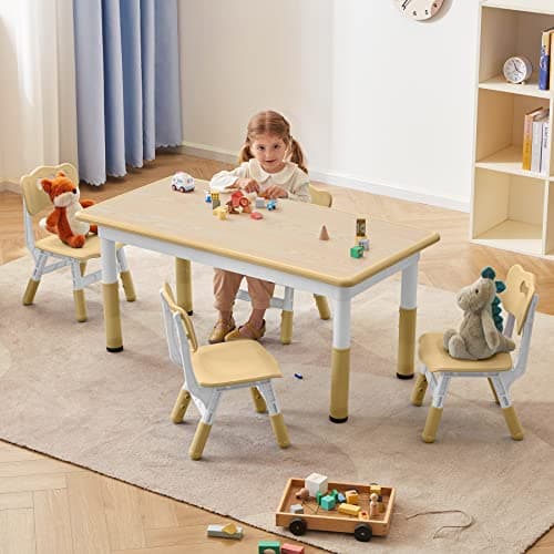 DOREROOM Toddler Table and Chairs Set for 4, 47.2''L x 23.6''W Kids Study Table and Chair Set, Height-Adjustable, Graffiti Desktop, Children Activity Table for Daycare, Classroom, Home