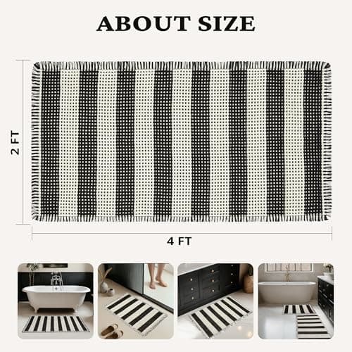 MatEssenz 2x4ft Waffle Bath Mat, Water Absorbing Bath Mat Nonslip Fast Drying Soft Foot Feeling Long Bathroom Rug for Bathroom, Machine Washable Runner Rug withTassels, Black and White Stripes view 2