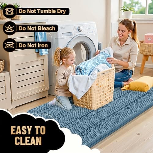 OLANLY Thick Bathroom Runner Rugs 47x17, Extra Absorbent Chenille Striped Bath Rugs, Rubber Backing, Machine Wash Dry, Long Bath Mats for Bathroom, Tub and Shower, Home Decor Accessories, Airy Blue view 5