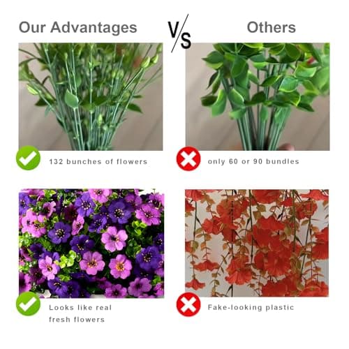 Artificial Fake Flowers Plants for Outdoors, 2 PCS UV Resistant Faux Silk Daisy with Eucalyptus Leaves Hanging Flowers for Home Garden Balcony Yard Porch Decor(Double Purple) view 3