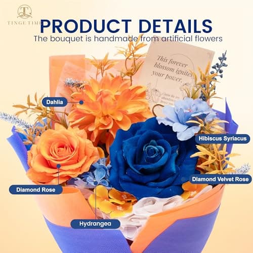 TINGE TIME Preserved Flowers Bouquet, Orange & Navy Blue Roses Gift Bouquet, Eternal Roses Bouquet for Wedding, Table Centerpieces, Mothers Day, Birthday Gifts, Anniversary, Graduation view 2