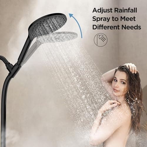 MakeFit Drill-free Dual Shower Head with Handheld Combo Rainfall Shower Head Easy Reach 3-way Diverter Stainless Steel Slide Bar with Height Adjustable Holder Adjustable Rain Showerhead (Black) view 5