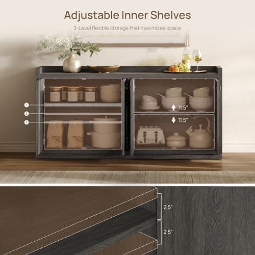SICOTAS 4-Door Buffet Cabinet, 61.7" Wide Modern Industrial Sideboard with 2 Separate Bays & Adjustable Shelves, Extra Long Credenza with Luxury Gold Handles for Kitchen Living Room, Dark Gray Oak view 2